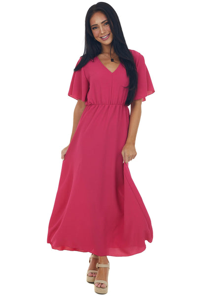 Raspberry Cinch Waist Flutter Sleeve Maxi Dress