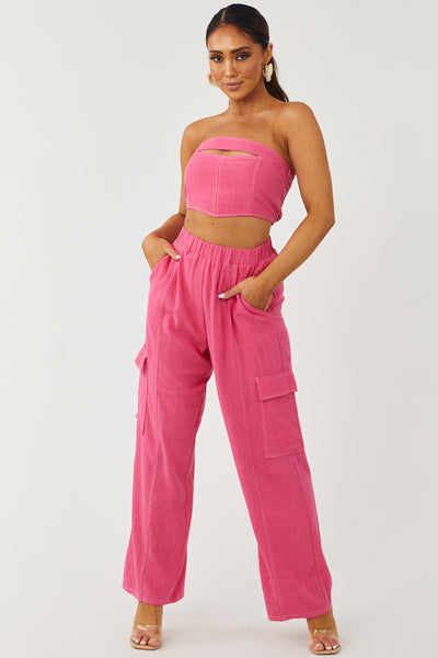 Raspberry Wide Leg Linen Cargo Pants