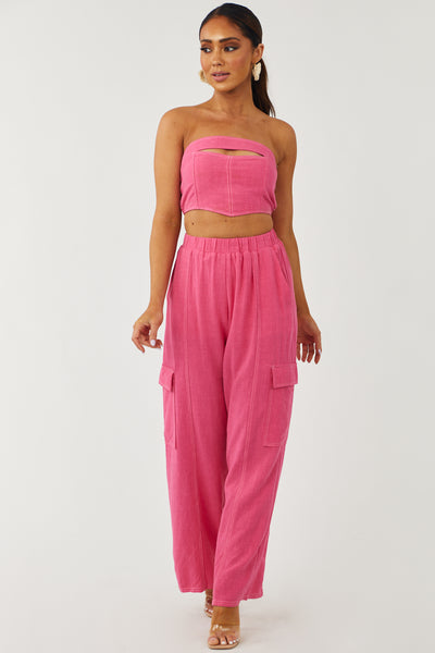Raspberry Wide Leg Linen Cargo Pants
