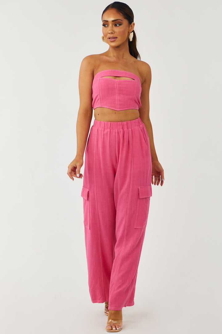 Raspberry Wide Leg Linen Cargo Pants