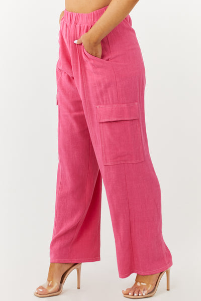 Raspberry Wide Leg Linen Cargo Pants