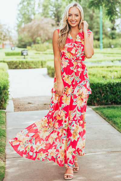 Raspberry and Amber Floral Ruffle Maxi Dress