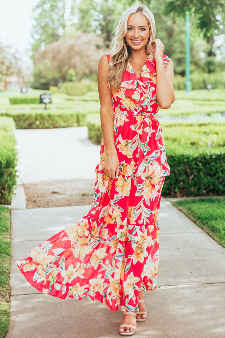 Raspberry and Amber Floral Ruffle Maxi Dress
