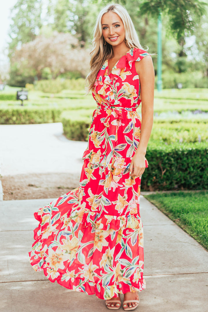 Raspberry and Amber Floral Ruffle Maxi Dress
