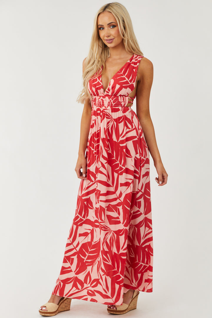Red and Tea Rose Plunging V Neck Maxi Dress