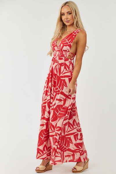 Red and Tea Rose Plunging V Neck Maxi Dress