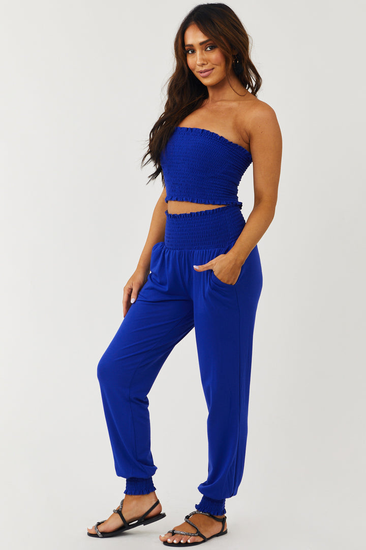 Royal Blue Smocked Strapless Top and Jogger Set