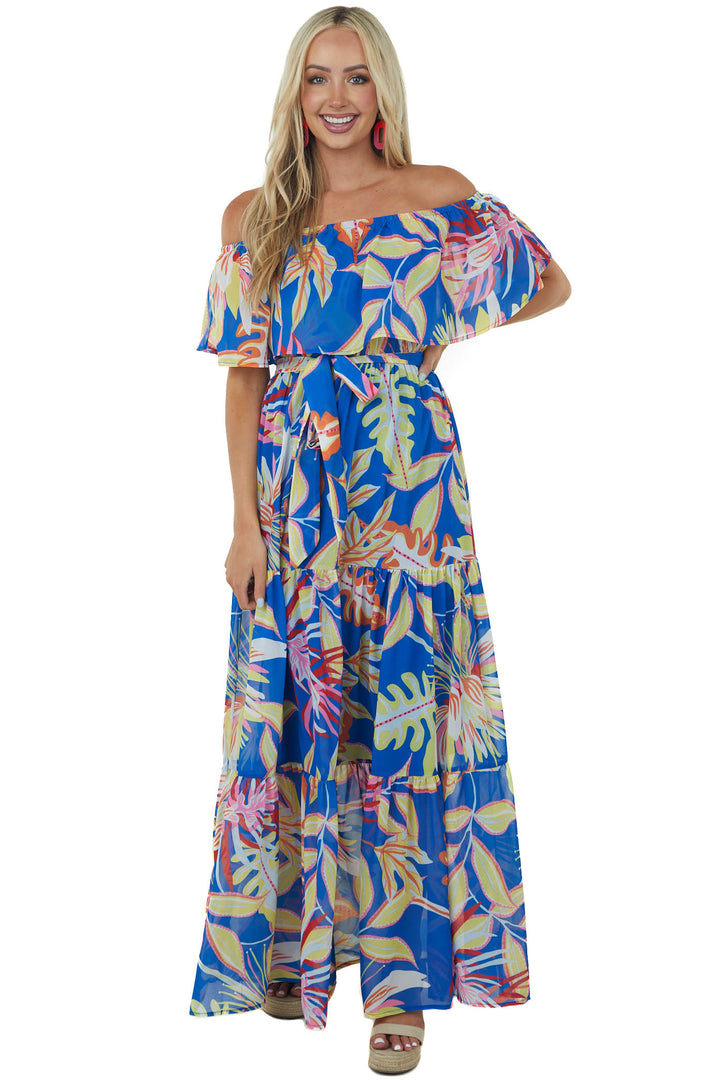 Royal Blue Tropical Print Off Shoulder Maxi Dress