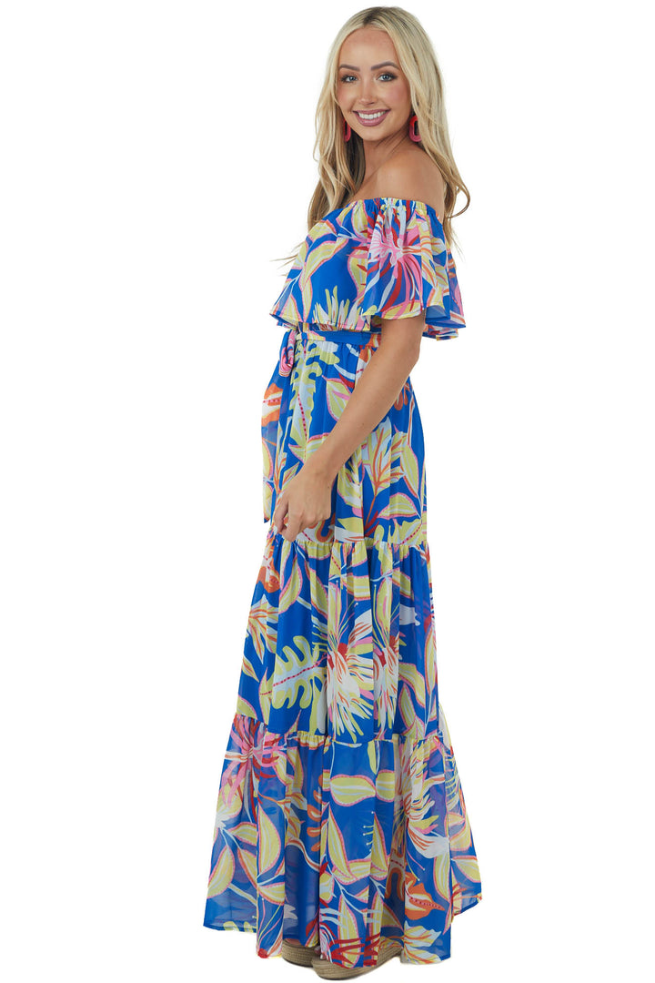 Royal Blue Tropical Print Off Shoulder Maxi Dress