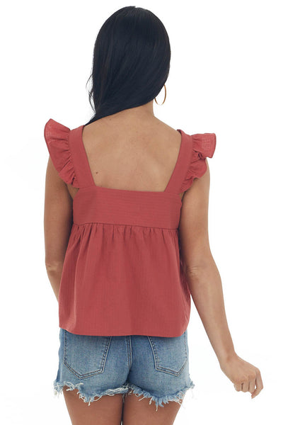 Rust Button Up Square Neck Ruffle Tank Top