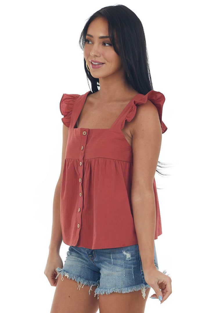 Rust Button Up Square Neck Ruffle Tank Top