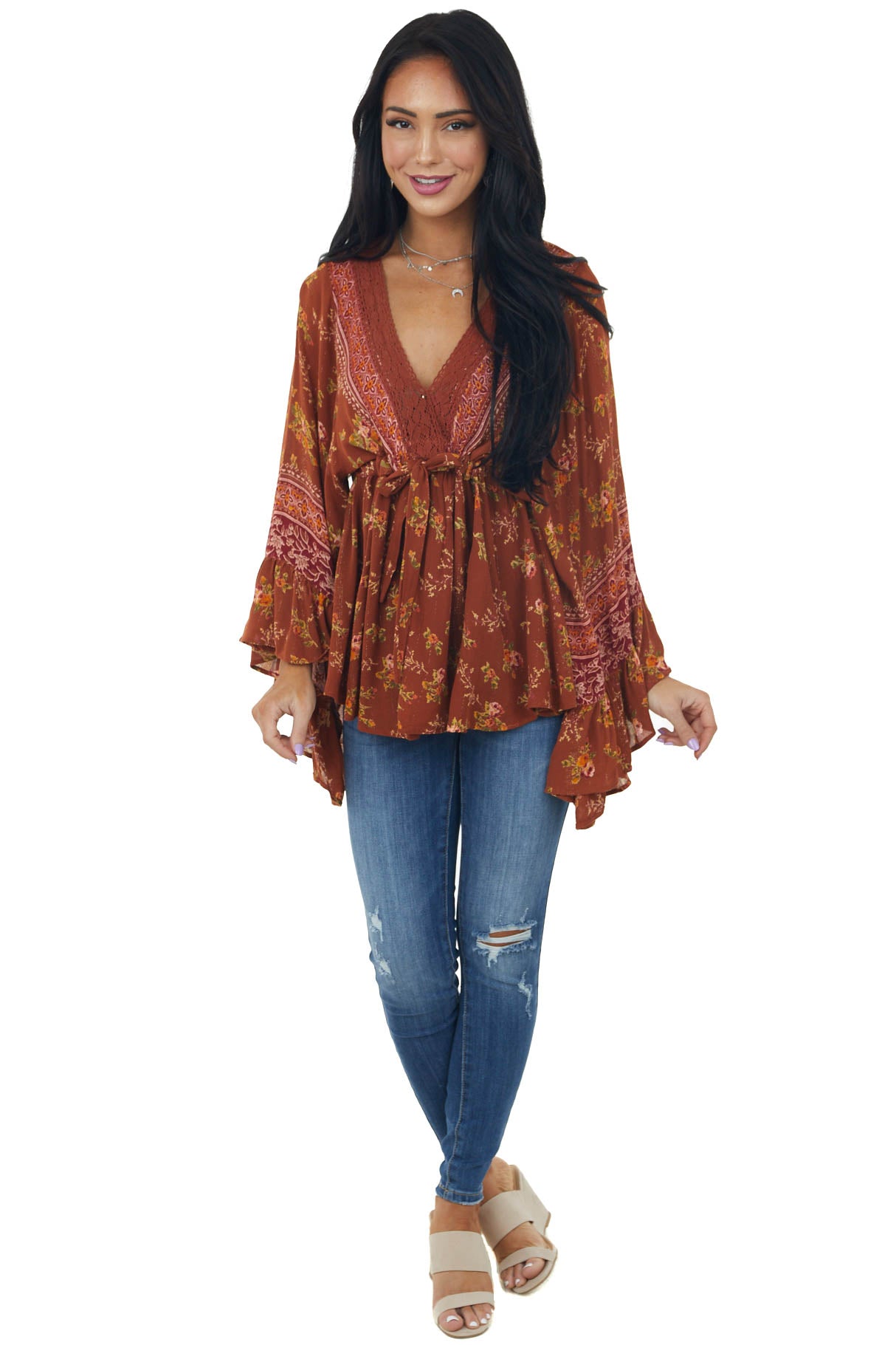 Rust Floral Print Lace V Neck Flare Sleeve Blouse