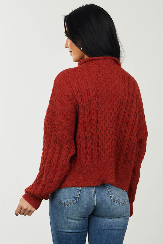 Rust Fuzzy Cable Knit Funnel Neck Sweater