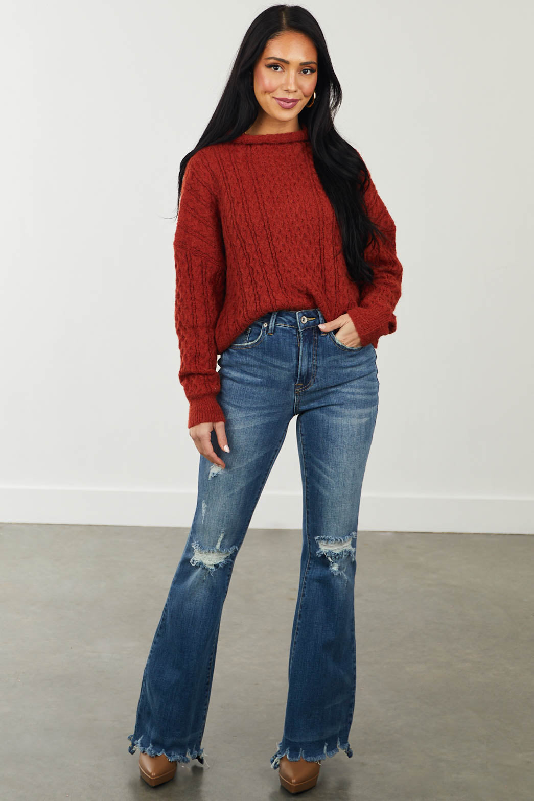 Rust Fuzzy Cable Knit Funnel Neck Sweater