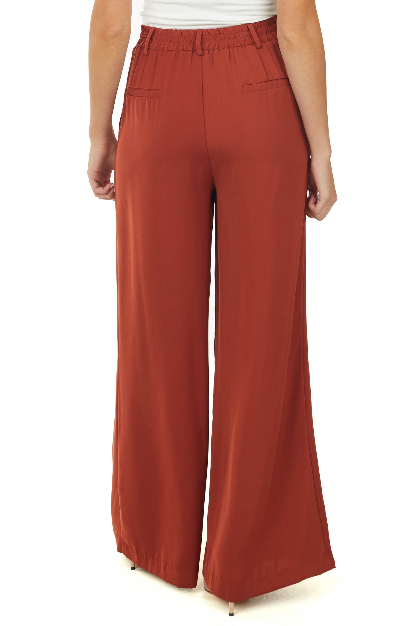Rust Woven Wide Leg Flowy Pants with Pockets