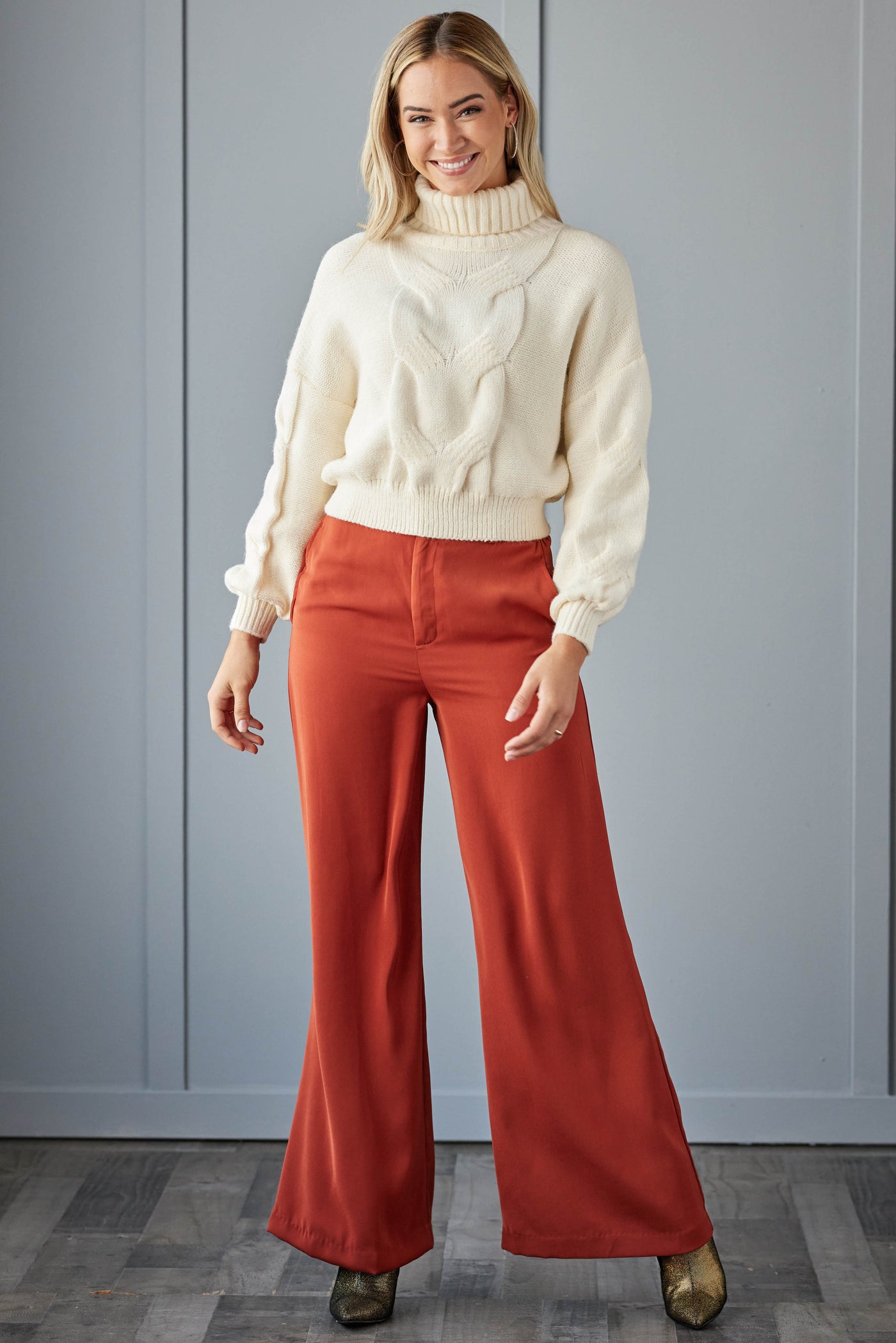 Rust Woven Wide Leg Flowy Pants with Pockets