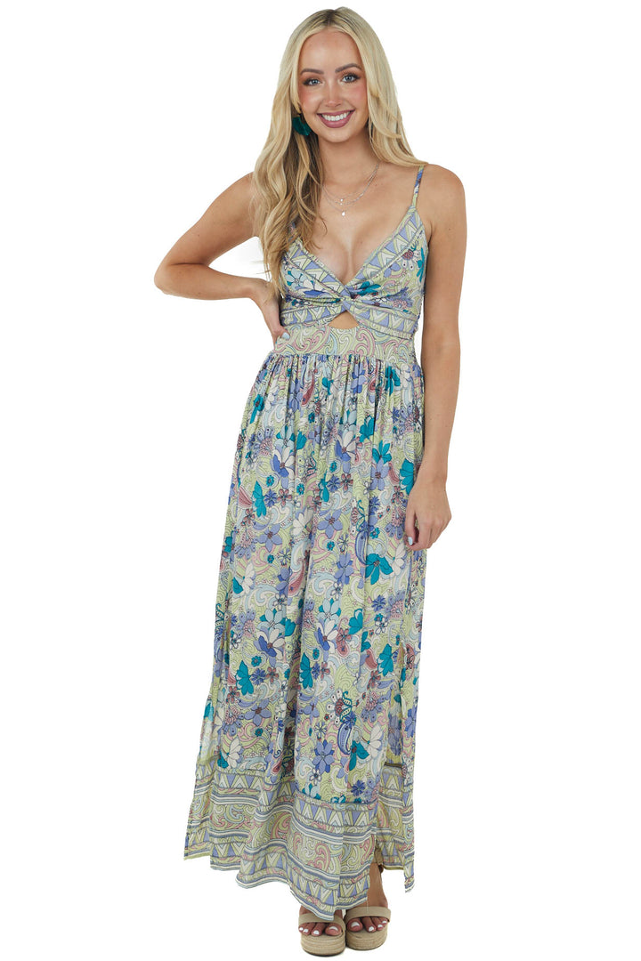 Sage Abstract Floral Print Sleeveless Maxi Dress