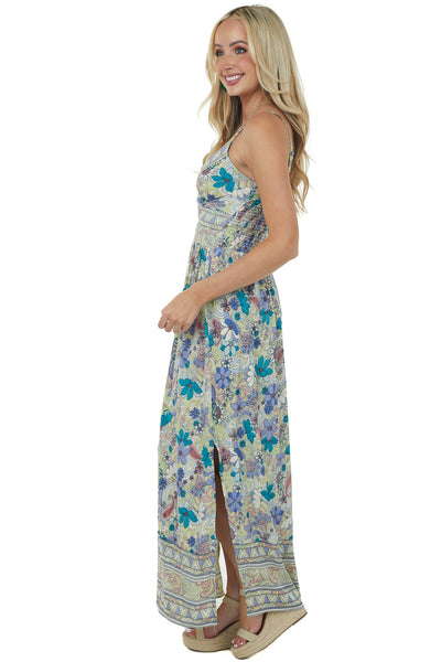 Sage Abstract Floral Print Sleeveless Maxi Dress