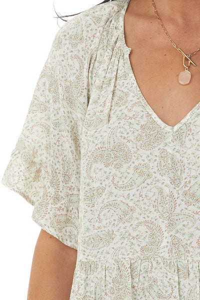 Sage Faded Paisley Ruffle Tiered Short Sleeve Top