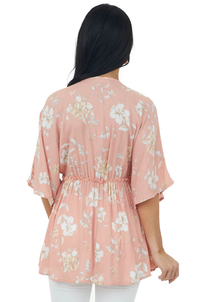 Salmon Floral Print Surplice Babydoll Blouse