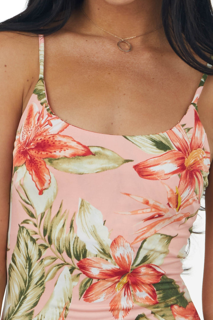 Salmon Tropical Print Sleeveless Knit Maxi Dress