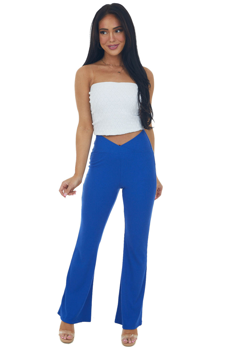 Sapphire Crossover Waist Ribbed Knit Flare Pants