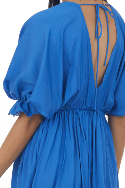 Sapphire Plunging Neck Balloon Sleeve Dress