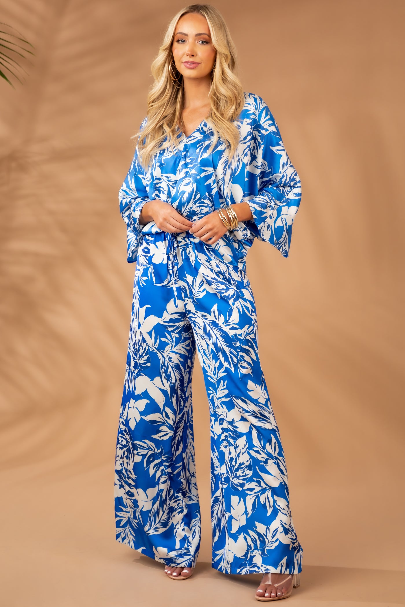 Satin Cobalt Printed Kimono Sleeve Blouse