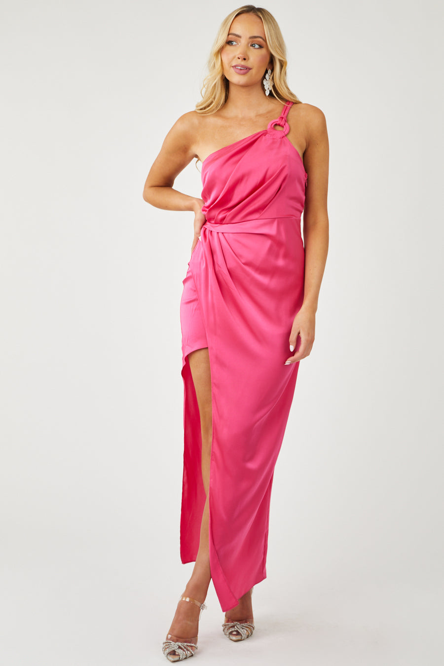 Satin Hot Pink One Shoulder Side Slit Maxi Dress