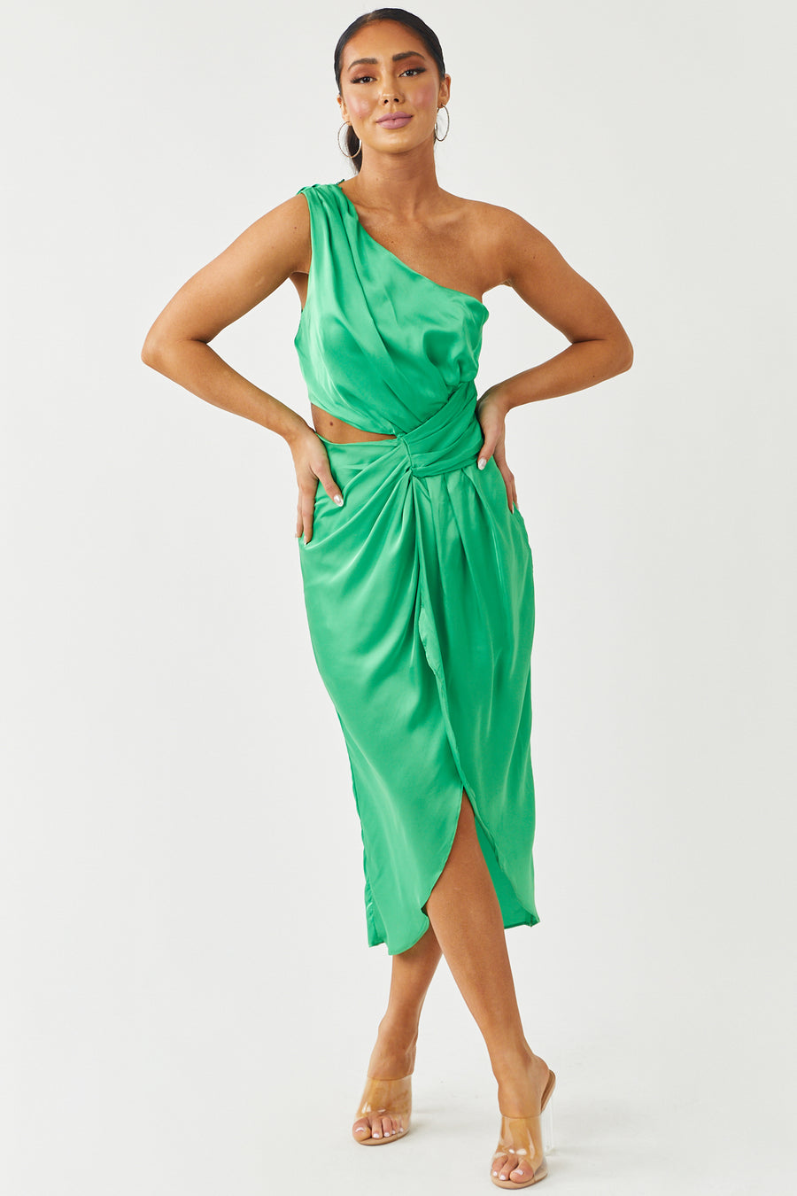 Satin Lime One Shoulder Pleated Midi Dress