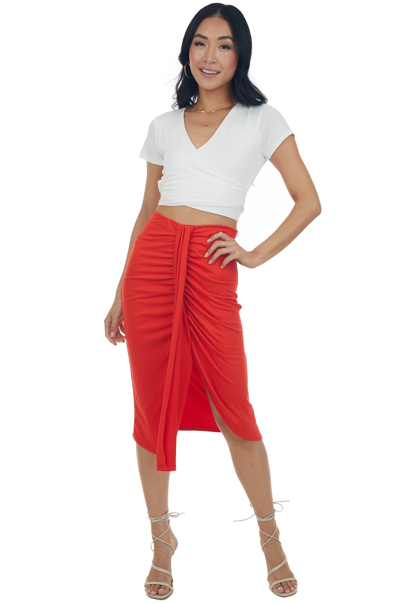 Scarlet Faux Wrap Solid Knit Elastic Midi Skirt