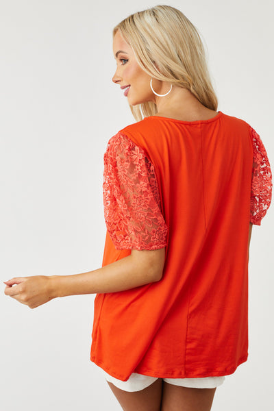 Scarlet Floral Laced Puff Sleeve Knit Top
