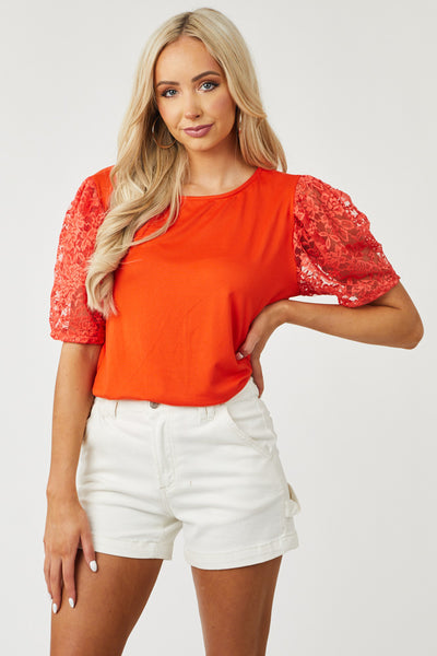 Scarlet Floral Laced Puff Sleeve Knit Top