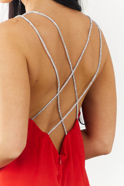 Scarlet Satin Slip Dress with Rhinestone Straps