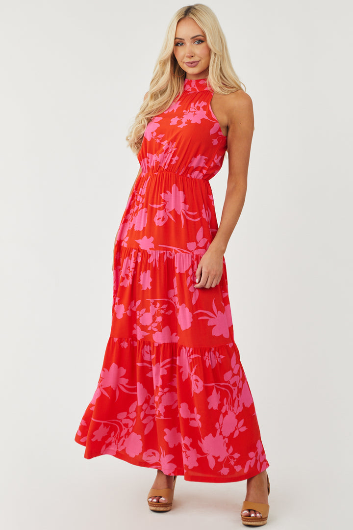Scarlet and Magenta Floral Print Halter Maxi Dress