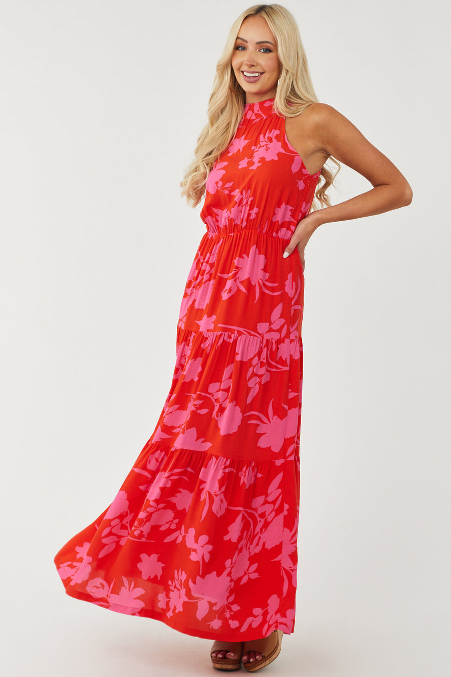 Scarlet and Magenta Floral Print Halter Maxi Dress