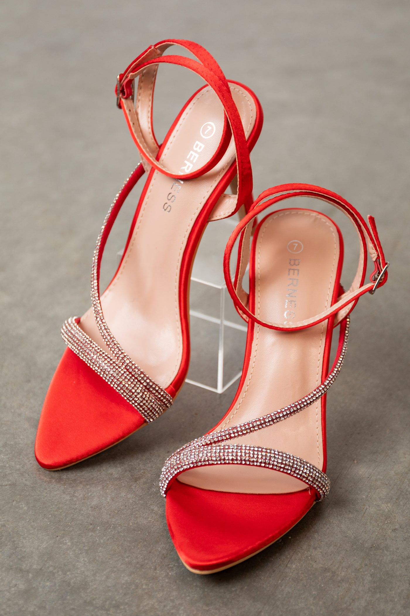 Scarlet Satin Heeled Sandals with Rhinestone Straps