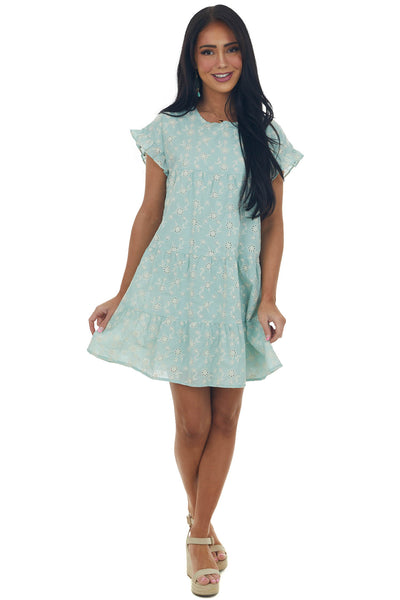 Seafoam Floral Embroidered Tiered Mini Dress