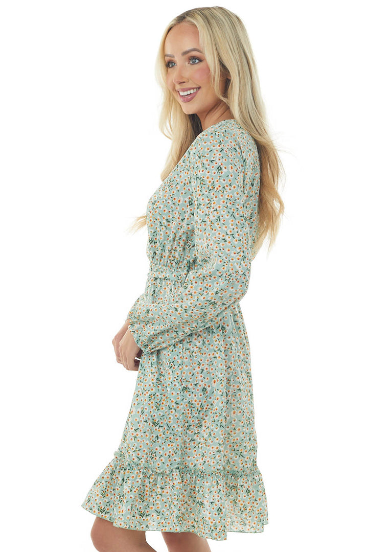 Seafoam Floral Long Sleeve Surplice Neck Dress
