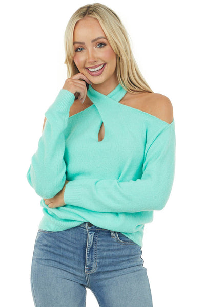 Seafoam Long Sleeve Halter Neck Lightweight Sweater