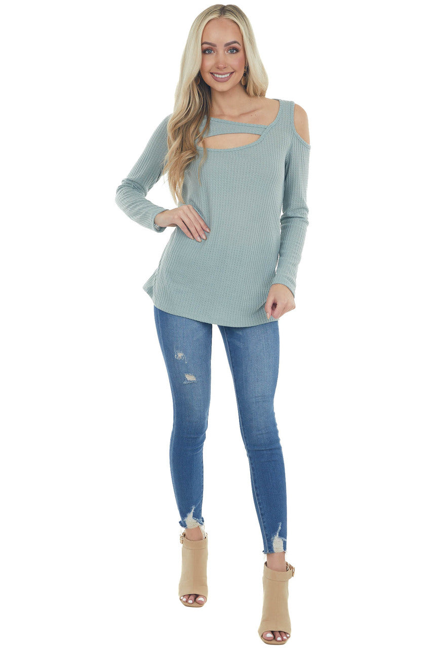 Seafoam Single Cold Shoulder Waffle Knit Top with Cut Out
