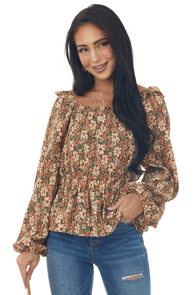 Sepia Floral Print Long Sleeve Pleated Blouse