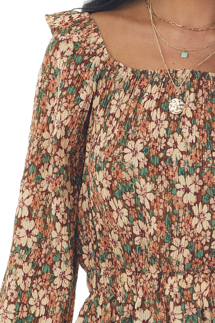 Sepia Floral Print Long Sleeve Pleated Blouse