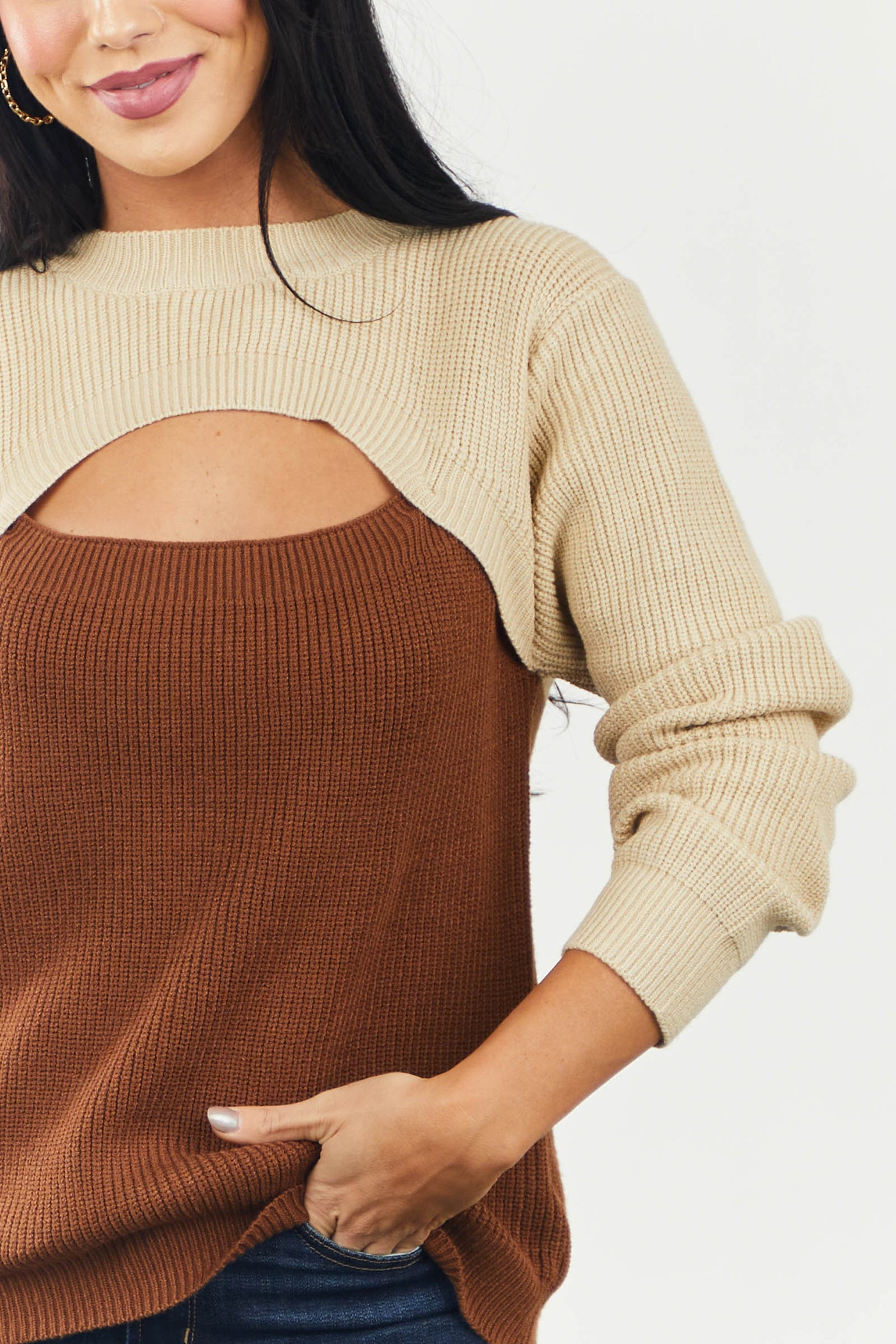 Sepia and Camel Colorblock Front Cut Out Sweater