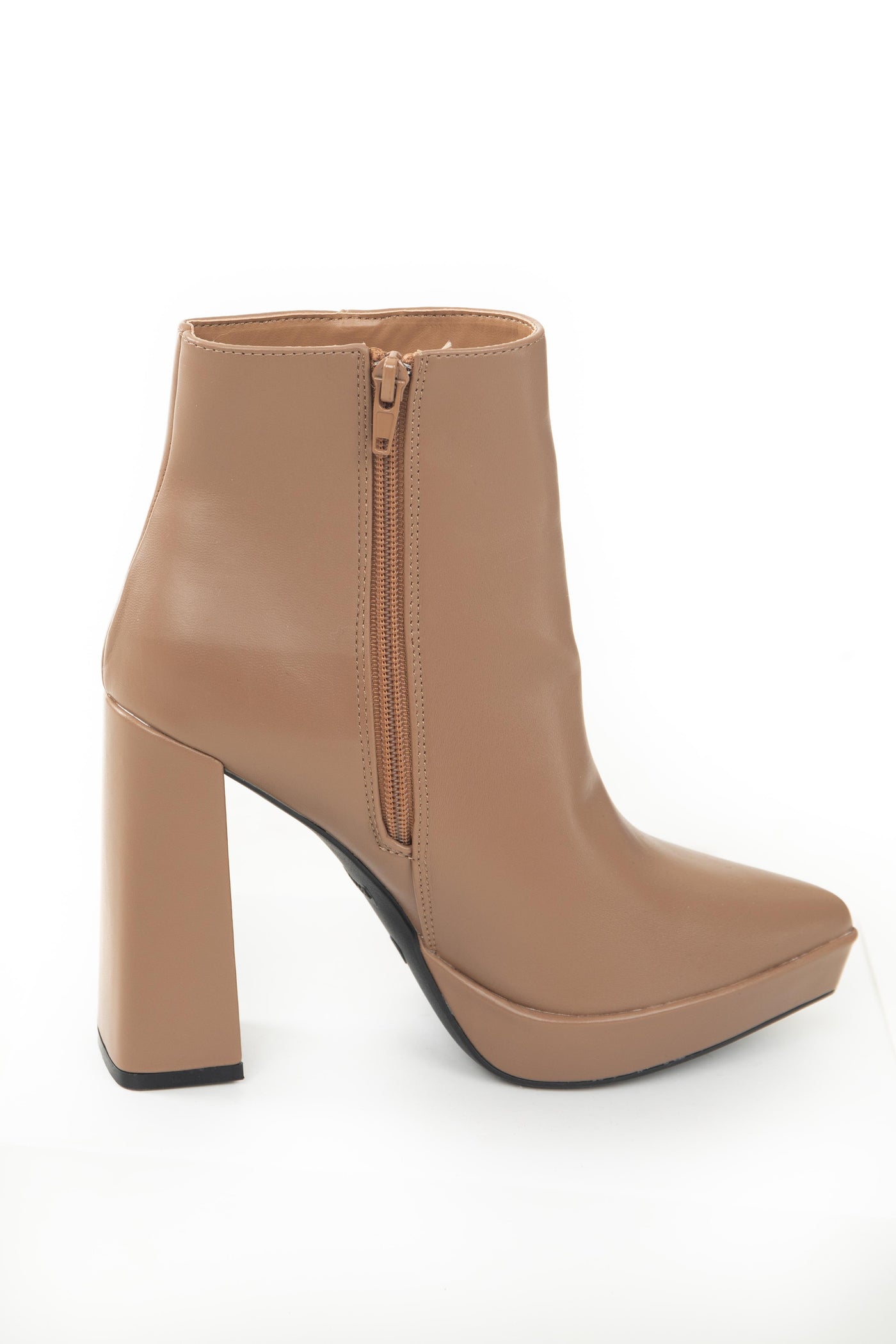Sepia Faux Leather Flared Heel Pointed Toe Bootie