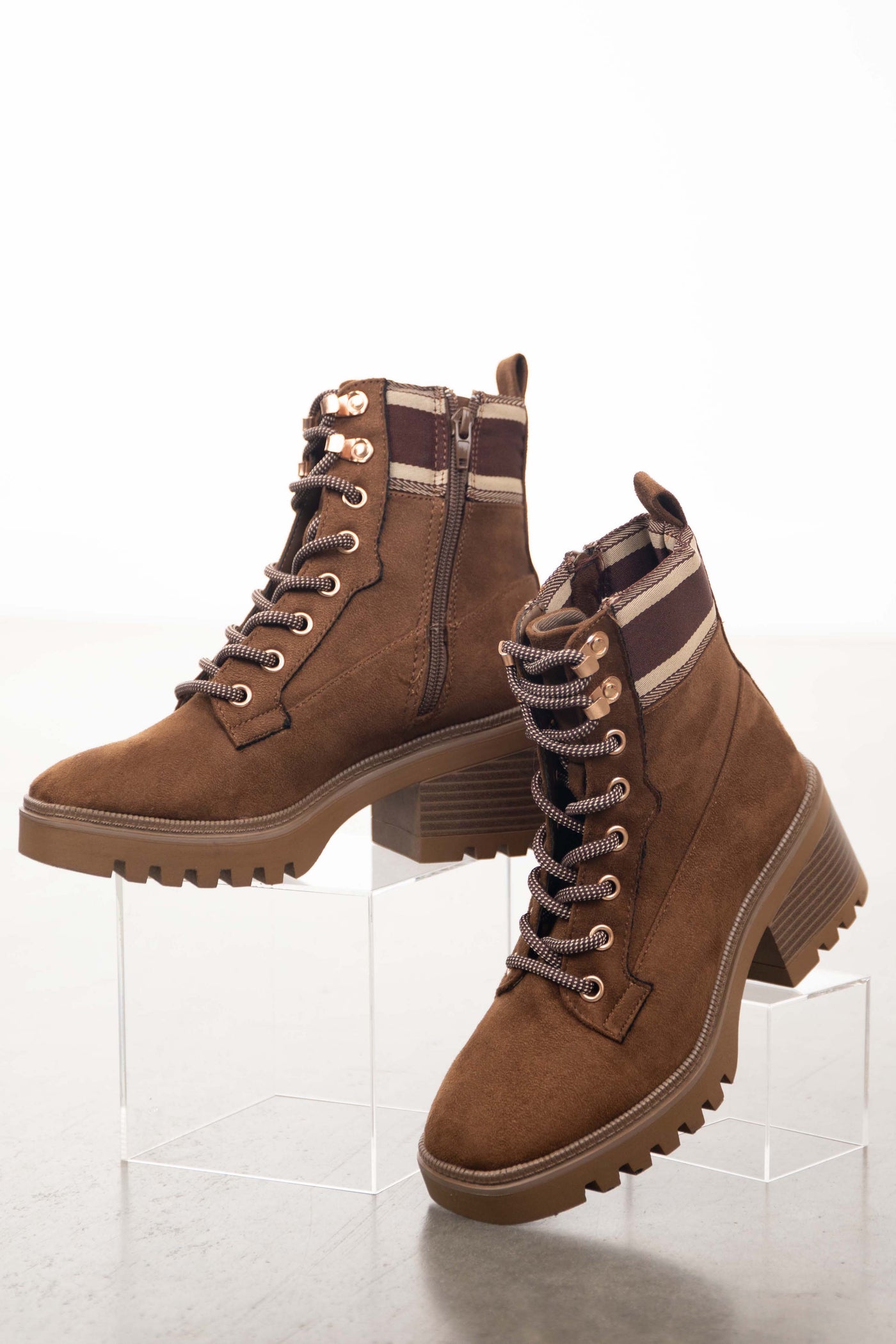 Sepia Faux Suede Lace Up Lug Sole Booties
