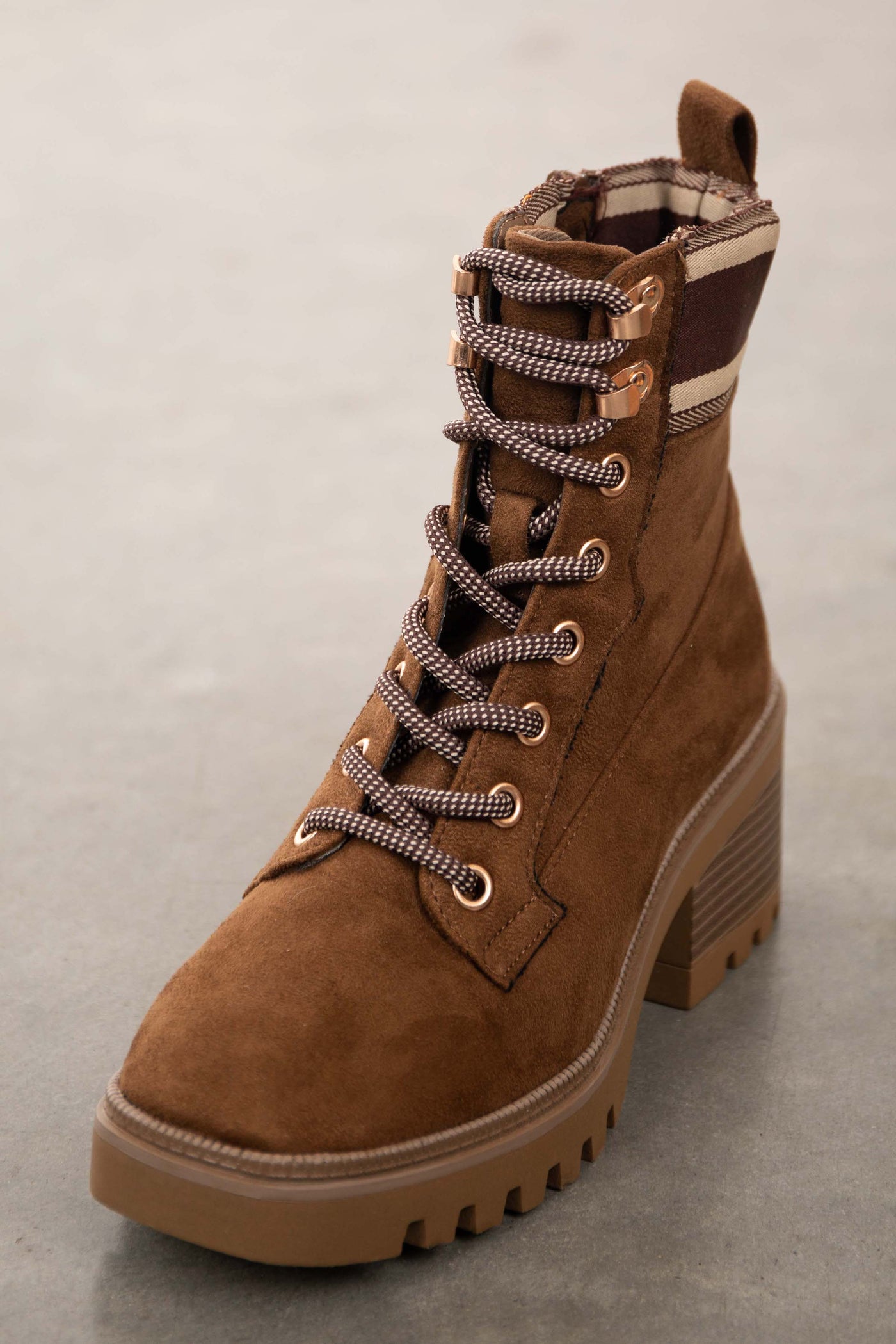Sepia Faux Suede Lace Up Lug Sole Booties