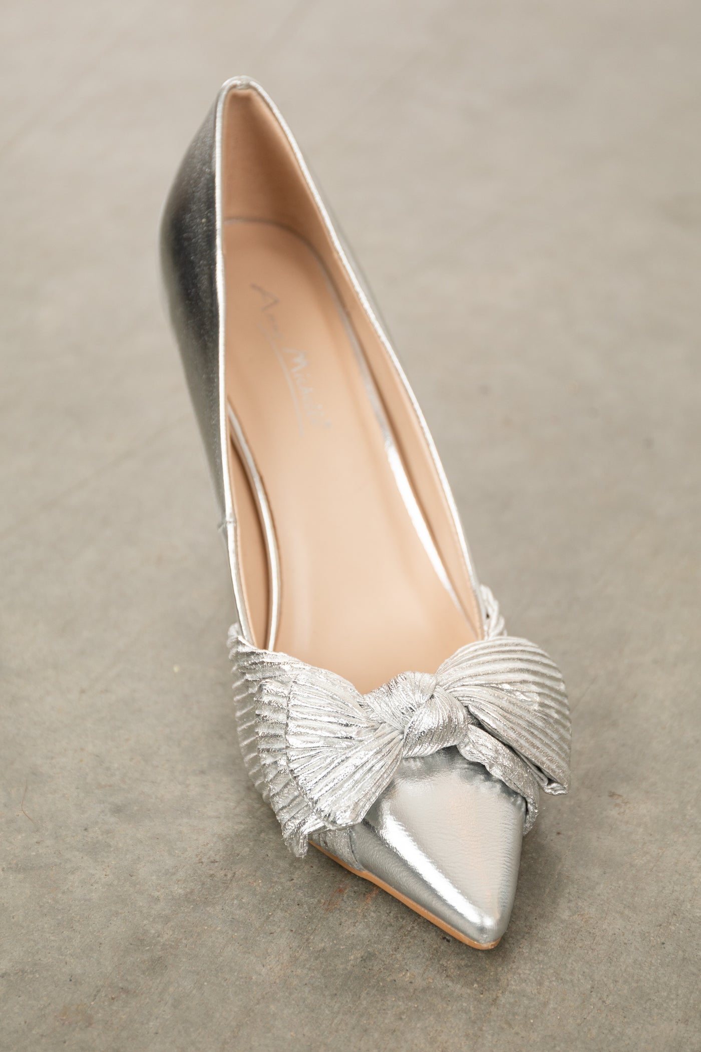Silver Metallic Pointed Toe Heels with Bow Detail