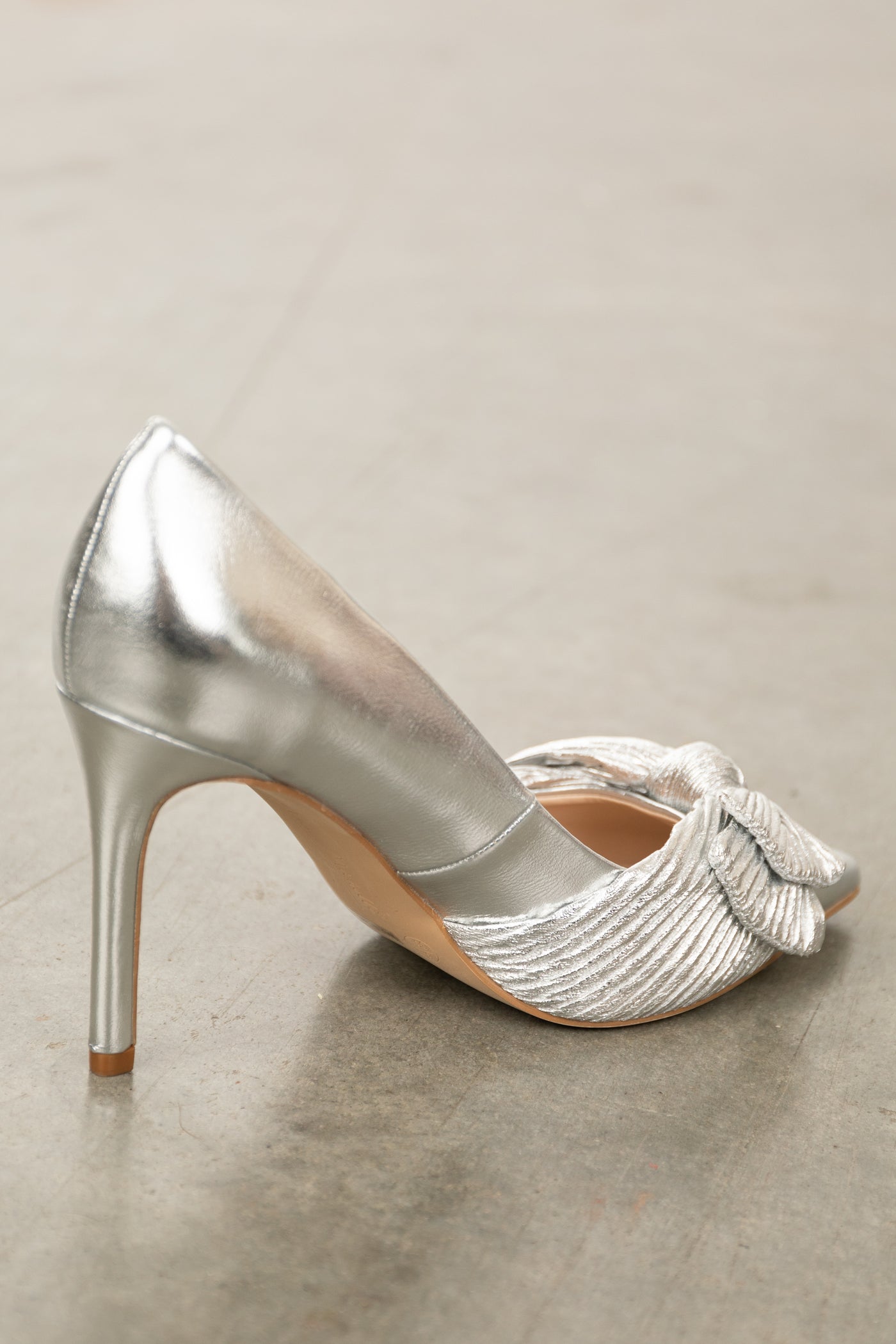 Silver Metallic Pointed Toe Heels with Bow Detail