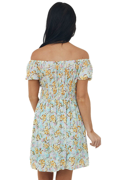 Sky Blue Floral Print Puff Sleeve Mini Dress